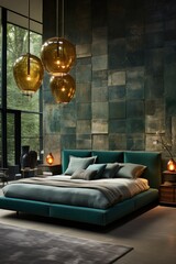 Luxurious nature inspired bedroom with wood and stone details, LED lights, bed covers and premium rugs. Designer bedroom - obrazy, fototapety, plakaty