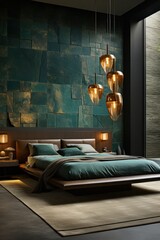 Luxurious nature inspired bedroom with wood and stone details, LED lights, bed covers and premium rugs. Designer bedroom