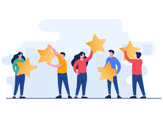 Satisfied customers give high ratings to product, service, app, or website, Feedback, Customer review evaluation, Satisfaction rating level survey concept flat illustration vector template