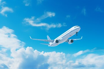 Airplane soaring through a clear blue sky. Generative AI