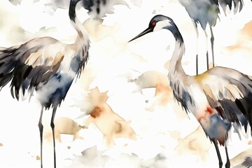 Seamless pattern of a Japanese crane bird in watercolor. Generative AI