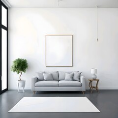 White living room with blank canvas on the wall