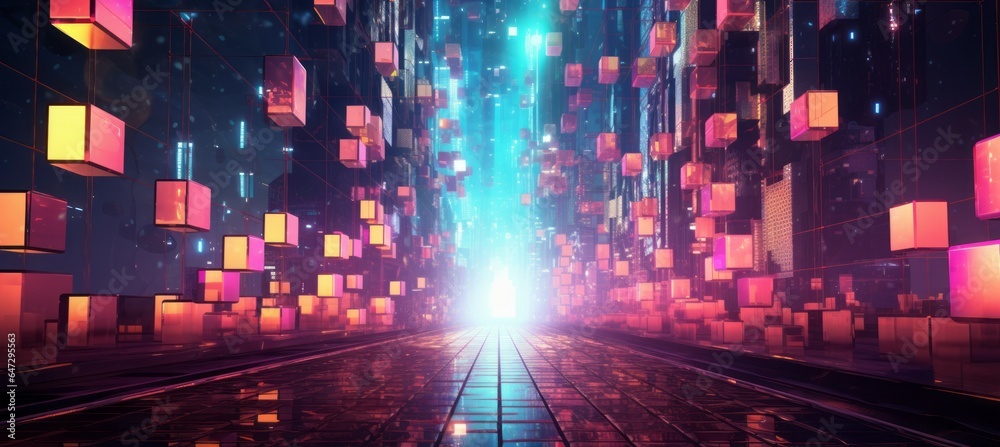 Poster Blockchain data virtual space technology background. Generative AI technology.