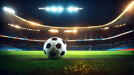 Soccer ball on the grass on the background of the soccer field - obrazy, fototapety, plakaty