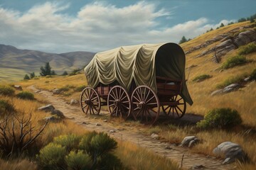 An acrylic painting featuring a covered wagon on the Oregon Trail. Generative AI - obrazy, fototapety, plakaty