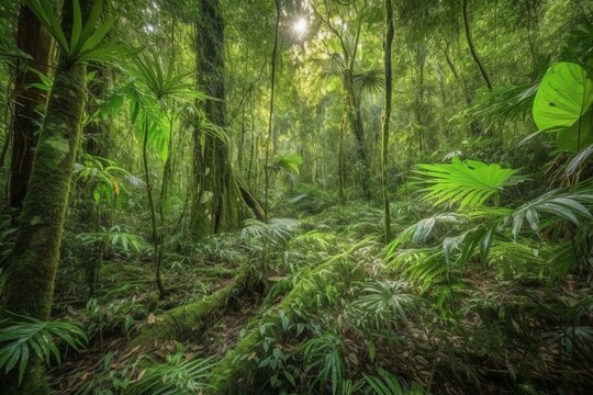Vibrant tropical jungle in Daintree Rainforest National Park, Queensland, Australia. Dense ancient rainforest with unique vegetation. Generative AI
