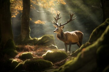 a stunning deer with beautiful antlers surrounded by sunlight in a serene woods. Generative AI