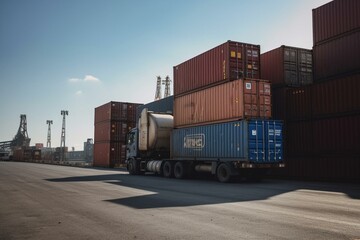 A truck drives into a warehouse, takes a container out of the harbor, in an industrial area under a blue sky. Generative AI