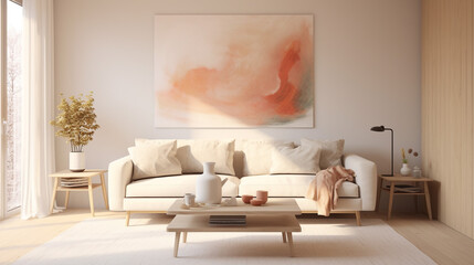Minimalist light home interior design of modern living room. White sofa and abstract acrylic wall painting .