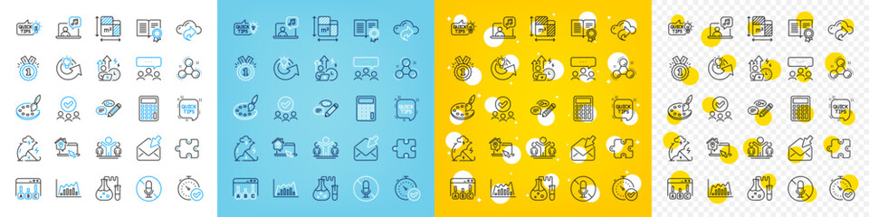 Vector icons set of Chemistry lab, Work home and Education idea line icons pack for web with Diploma, Open mail, Calculator outline icon. Approved, Puzzle, Chemistry molecule pictogram. Vector