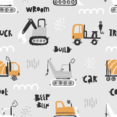 Vector hand-drawn seamless repeating children simple pattern with cars in Scandinavian style on a grey background.Kids seamless pattern with building equipment. Funny construction transport © ZHUKO