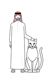 Senior Muslim Man is Petting a pet lioness