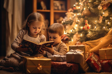 Fototapeta na wymiar Brother and sister sit under a decorated Christmas tree surrounded by presents and festive lights and read a book.