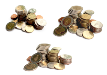 Many stacks of coins in various sizes and valued, View from the top, Currency THB, Financial and commit business concept on transparence PNG.