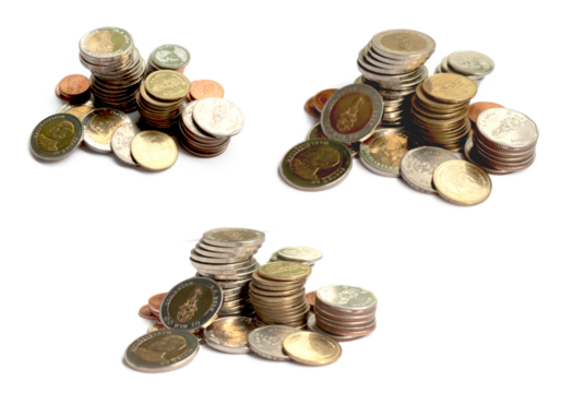 Many stacks of coins in various sizes and valued, View from the top, Currency THB, Financial and commit business concept on transparence PNG.