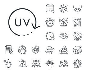Skin care sign. Online doctor, patient and medicine outline icons. Uv protection cream line icon. Cosmetic change symbol. Uv protection line sign. Veins, nerves and cosmetic procedure icon. Vector
