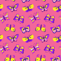 Seamless pattern with bright colorful butterflies on a pink background.