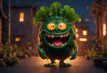 Happy smiling green kale cartoon face. Generative AI