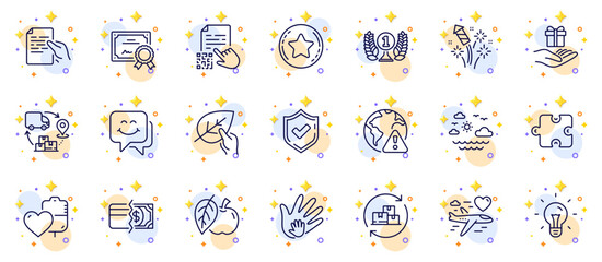 Obraz premium Outline set of Laureate award, Loyalty star and Apple line icons for web app. Include Smile face, Honeymoon travel, Confirmed pictogram icons. Travel sea, Internet warning. Vector