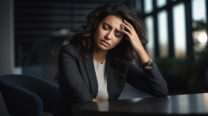 Businesswoman in depression sitting in her work office holding her head with hand, suffering from overwork, stress or job loss