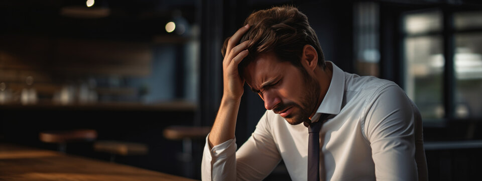 Businessman in depression sitting in his work office holding his head with his hand, suffering from overwork, stress or job loss