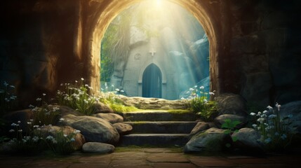 Empty tomb of Jesus with crosses in the background, concept: resurrection, easter, 16:9, copy space