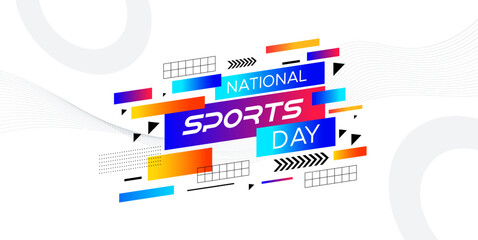 sports background, national sports day celebration concept, with abstract geometric ornament and illustration of sports athlete football player, badminton, basketball, baseball, tennis, volleyball