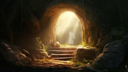 Empty tomb of Jesus with crosses in the background, concept: resurrection, easter, 16:9, copy space - obrazy, fototapety, plakaty