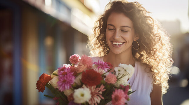 Young happy woman holds a bouquet of flowers in her hands