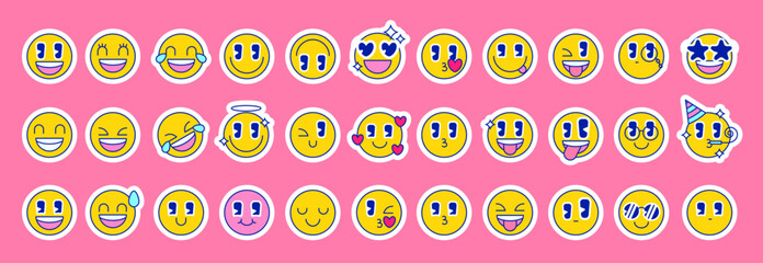 Vector set of bright emoji stickers in retro style. Sad and angry characters