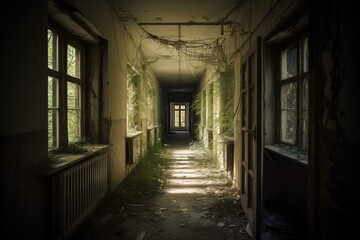 Deserted asylum hidden in Belarusian woods. Generative AI - obrazy, fototapety, plakaty