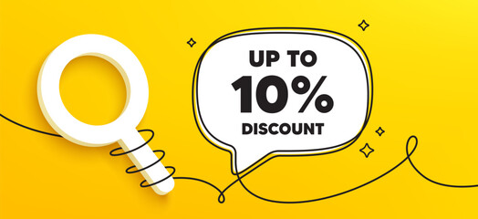 Up to 10 percent discount tag. Continuous line chat banner. Sale offer price sign. Special offer symbol. Save 10 percentages. Discount tag speech bubble message. Wrapped 3d search icon. Vector