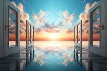 A captivating image of doors unveiling a breathtaking sky. Generative AI