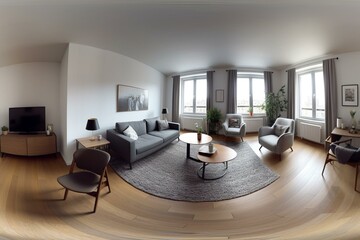 Full 360 interior panorama of a guest living room with table, chair, and TV in a studio apartment. Generative AI
