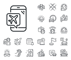 Airplane mode sign. Plane jet, travel map and baggage claim outline icons. Flight mode line icon. Turn device offline symbol. Flight mode line sign. Car rental, taxi transport icon. Vector
