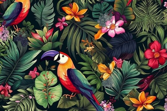 Colorful tropical birds, monkey, jaguar, jungle plants, palm leaves, flowers, flamingo pattern on fabric. Generative AI