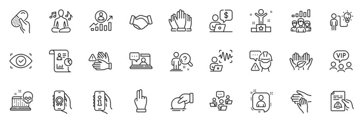 Icons pack as Handshake, Donate and Business person line icons for app include Support, Report, Developers chat outline thin icon web set. Click hand, Voice wave, Vip clients pictogram. Vector