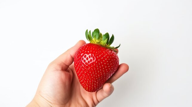 Hand holding strawberry fruit isolated white background. AI generated