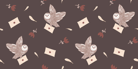 seamless pattern with wizard objects - owl, leaf, leaf, feather, magic flower. Halloween pattern. Ideal for children's textiles, clothing, stationery, backpacks, packaging