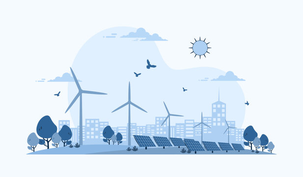 Environmental care and use clean green energy from renewable sources, Reduce carbon emissions, Wind power generators or windmill farm, Solar cells panels, Power generation industry on city background.