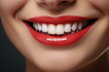 Photo of a beautiful woman's smile. Healthy teeth and gums. AI generated.