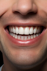 Photo of a beautiful male smile. Healthy teeth and gums. AI generated.