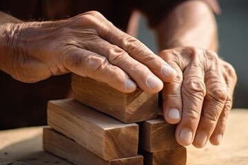 old senior craftman hand arrange stack of wooden block organize on wooden table outdoor workshop warehouse