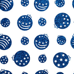 Christmas seamless pattern with trendy Blue ball ornament and faceted Christmas tree balls on a white background. Simple retro design wallpaper, wrapping paper 