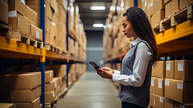 female warehouse worker using using a digital barcode reader and track record to taking stock balance in a distribution warehouse