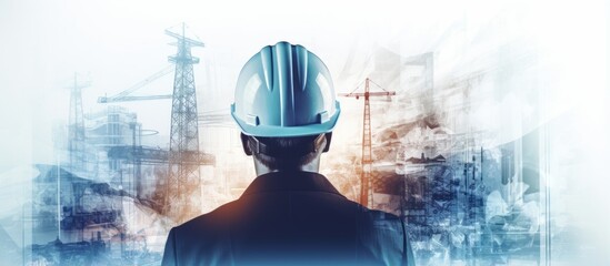 rear view of professional engineer manager standing concentrate focus multi exposure with building construction industry background construstion engineer concept