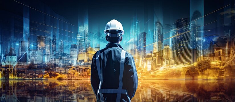 rear view of professional engineer manager standing concentrate focus multi exposure with building construction industry background construstion engineer concept