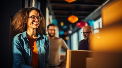 Workers moving into a new office and packing their belongings people moving cardboard boxes into new office