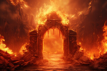 Gate to hell, the passage to the realm of the dead.  Everything is on fire, hellfire, generative ai 