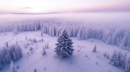 giant tree among winter forest landscape, generative ai 